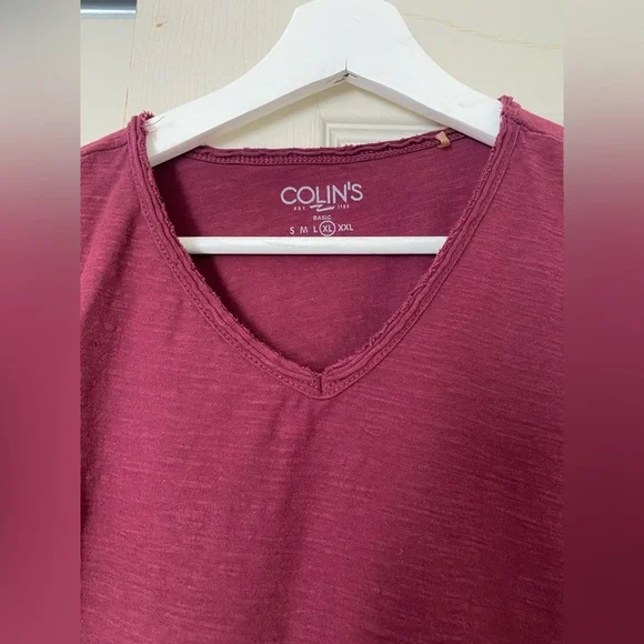 Men's Burgundy V-Neck T-Shirt Size L - Picture 2 of 4